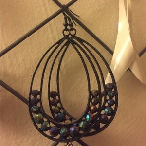 Black dangly earrings with multicolor rhinestones